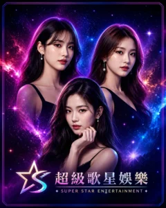台中KTV傳播陪唱｜超級歌星娛樂三人形象與星空包廂氛圍展示